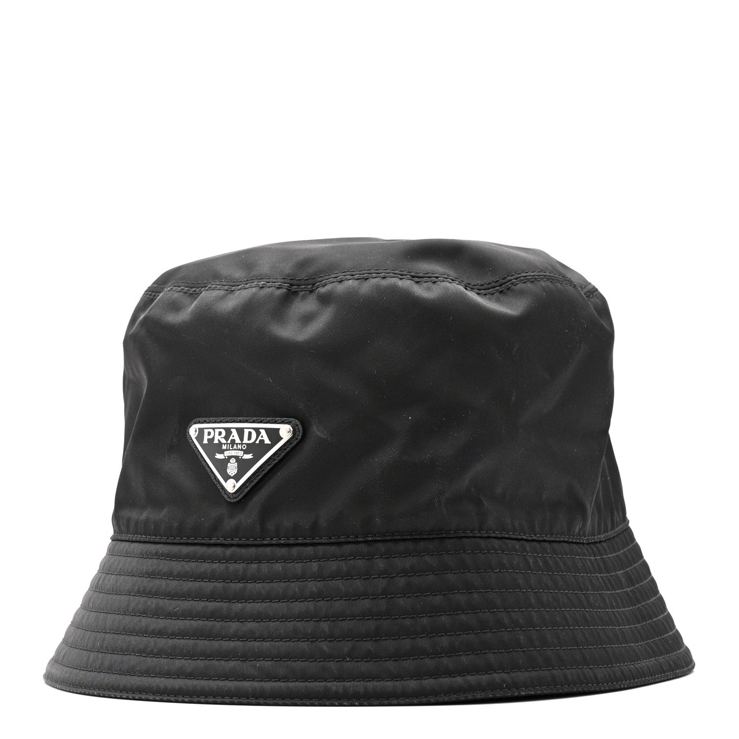 Prada Re-Nylon Metal Triangle Logo Mens Bucket Hat L Black 1 of 9