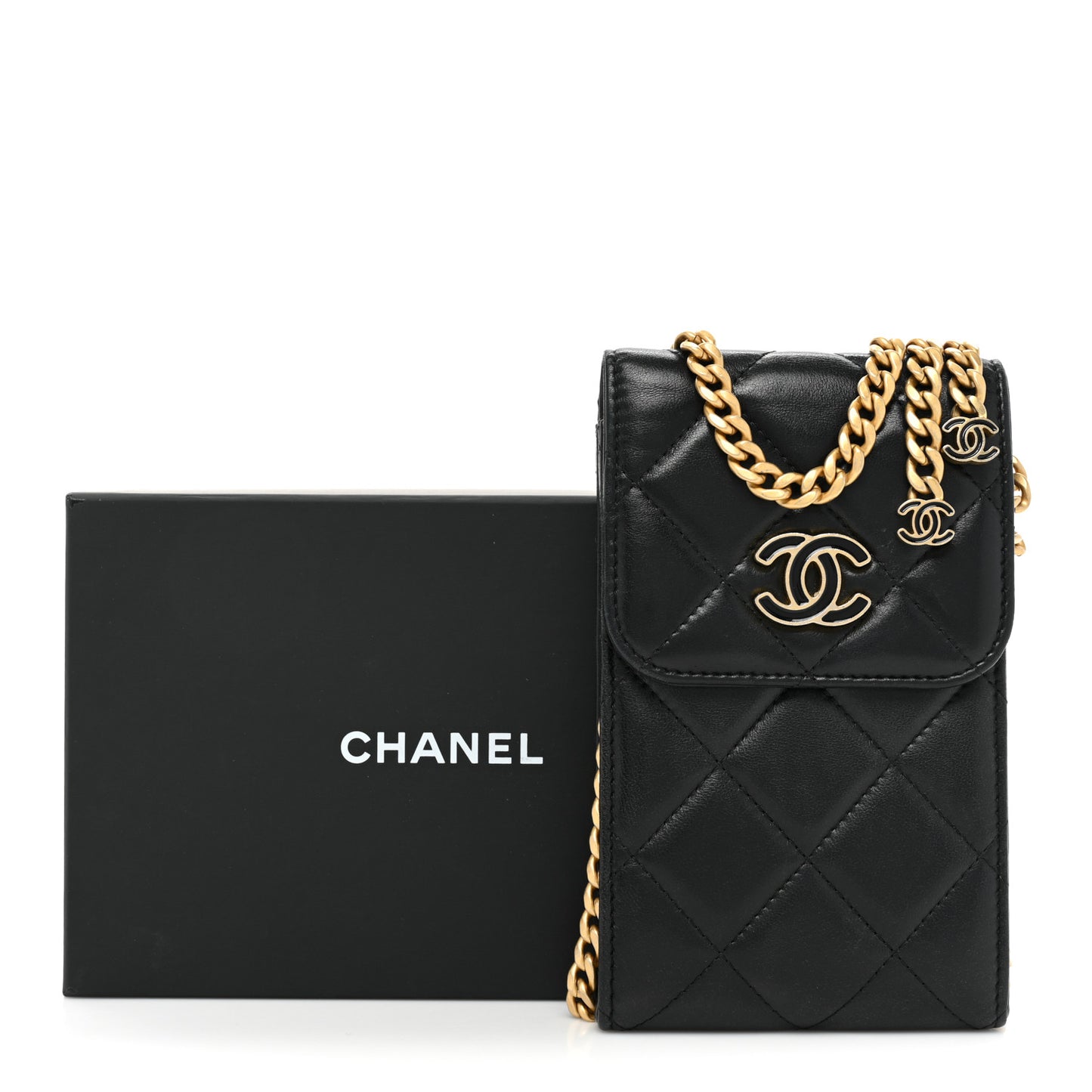 Lambskin Enamel Quilted Chain Phone Holder Black
