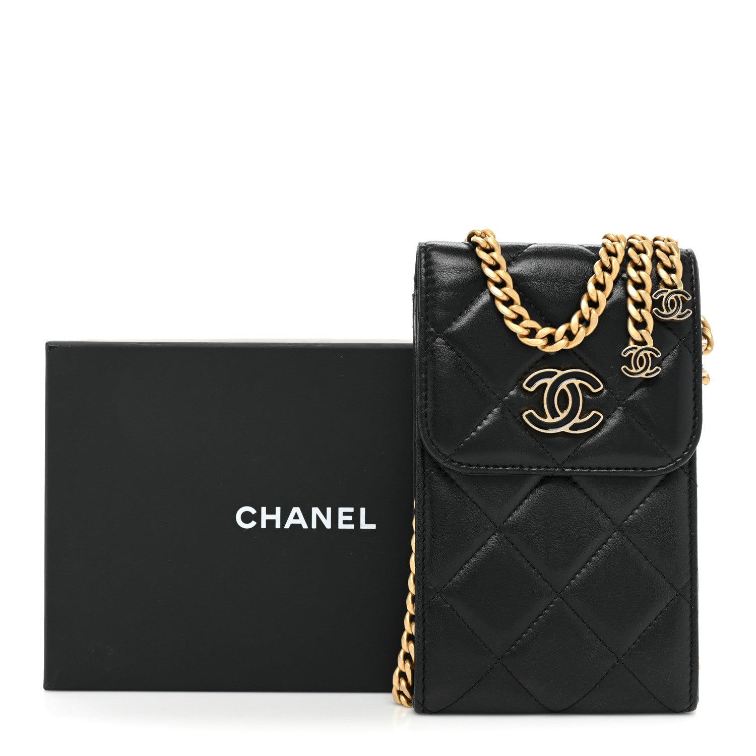 Chanel Lambskin Enamel Quilted Chain Phone Holder Black 13 of 13