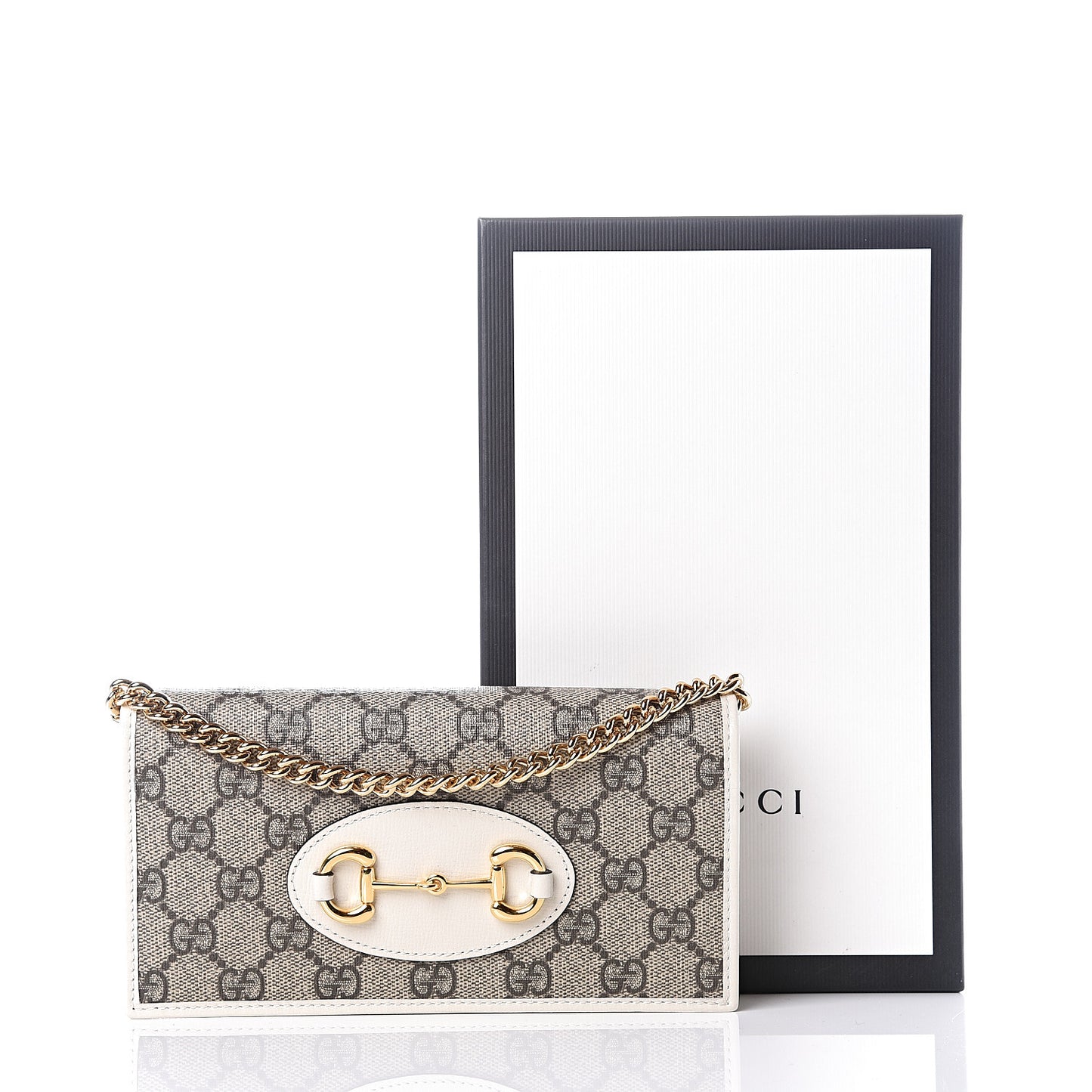 GG Supreme Monogram Azalea Calfskin Horsebit 1955 Wallet On Chain Beige Ebony Mystic White