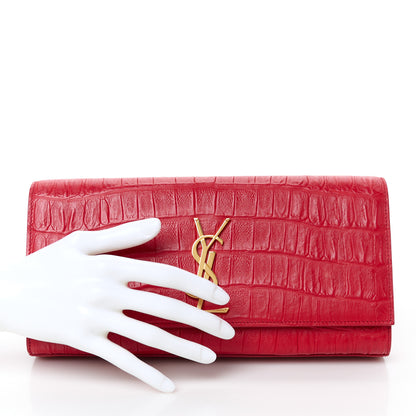 Saint Laurent Calfskin Crocodile Embossed Classic Monogram Cassandre Clutch Red 2 of 9