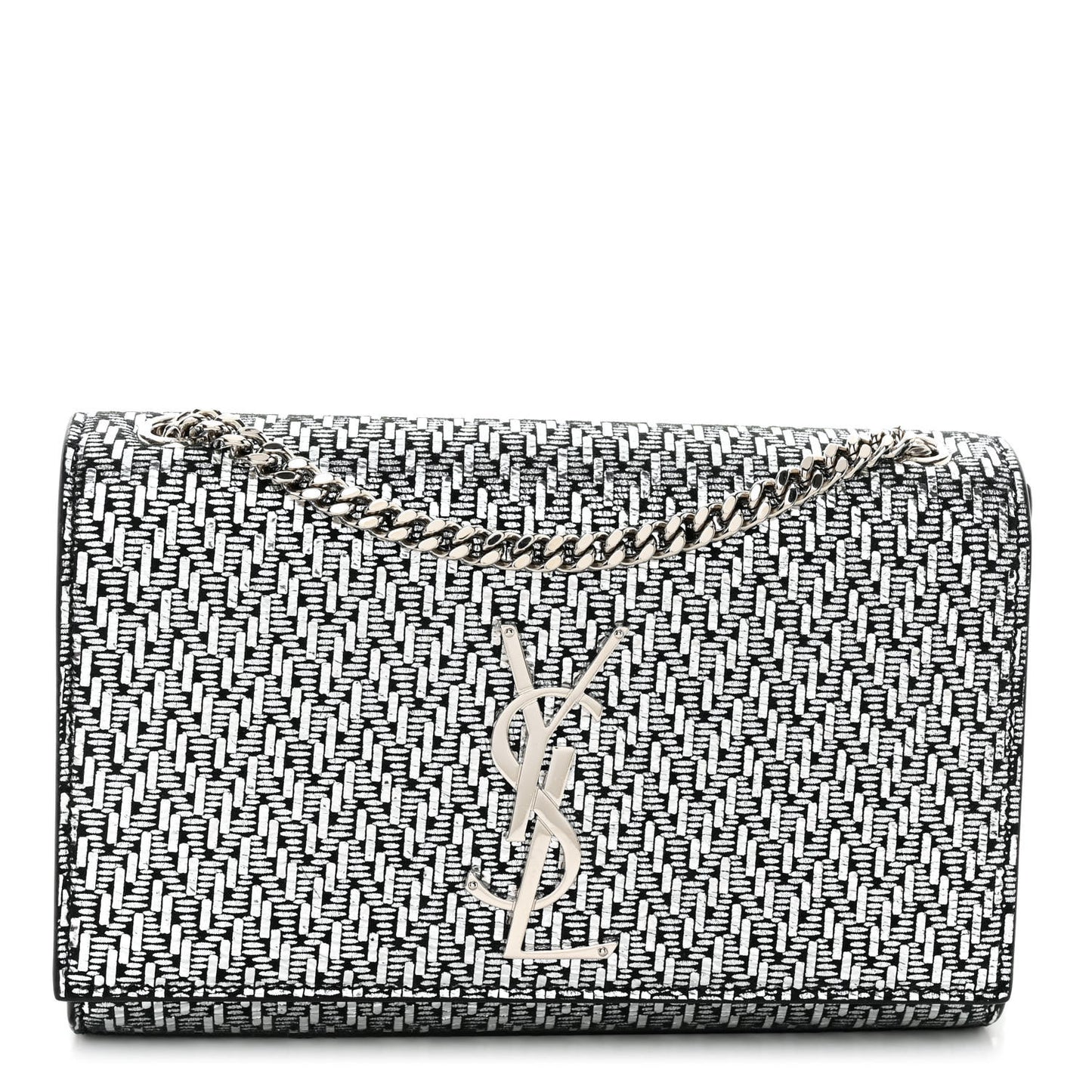 Metallic Calfskin Chevron Small Monogram Kate Satchel Black Argento