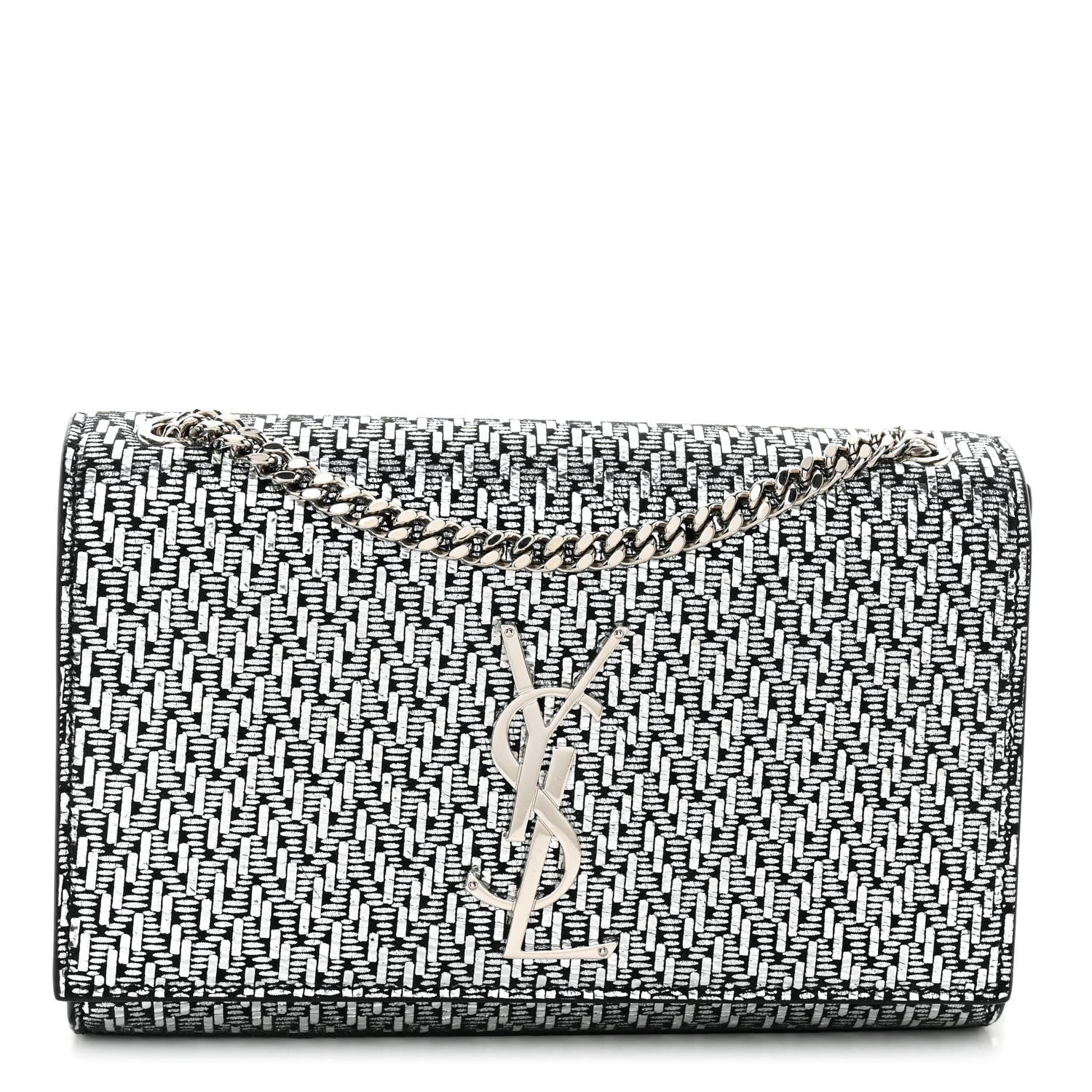 Saint Laurent Metallic Calfskin Chevron Small Monogram Kate Satchel Black Argento 1 of 9