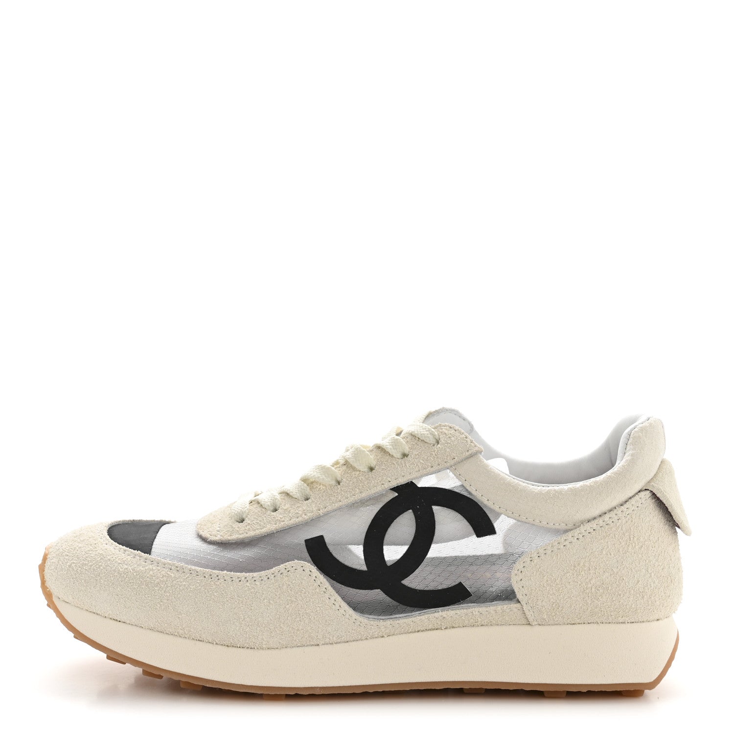 Chanel Mesh Suede Calfskin Womens CC Sneakers 39.5 White Black 1 of 9