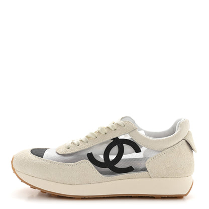Chanel Mesh Suede Calfskin Womens CC Sneakers 39.5 White Black 1 of 9