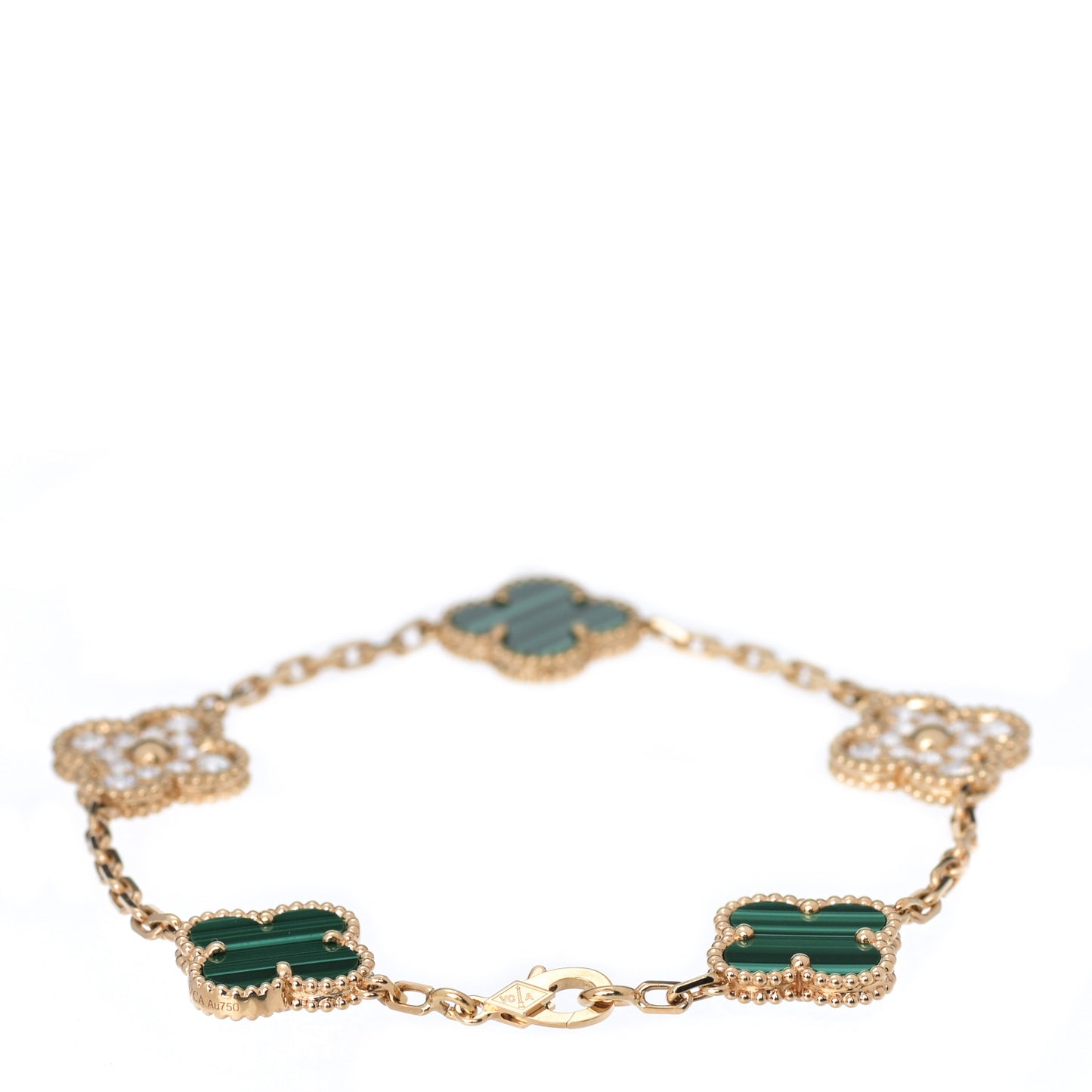 18K Yellow Gold Diamond Malachite 5 Motifs Vintage Alhambra Bracelet
