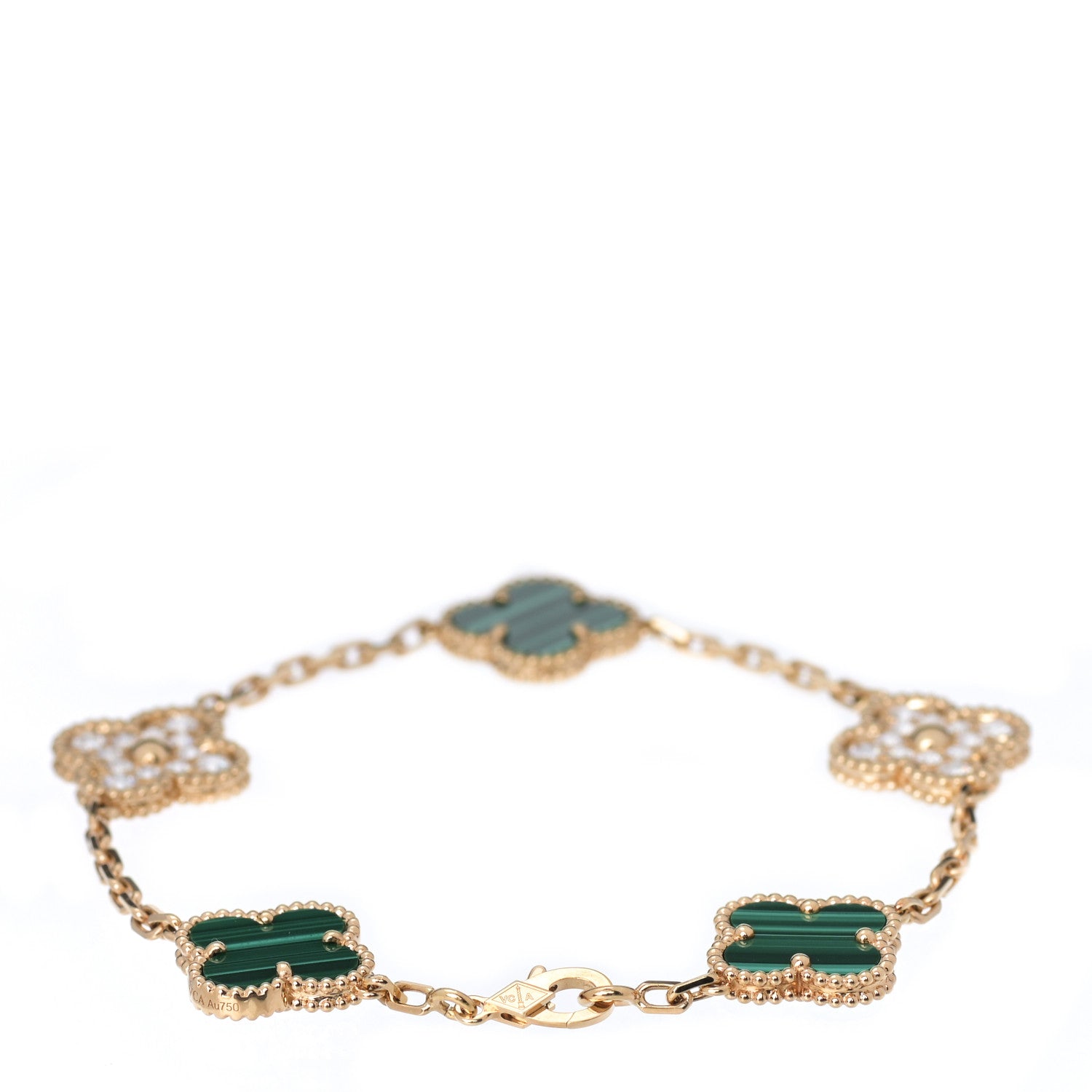 Van Cleef & Arpels 18K Yellow Gold Diamond Malachite 5 Motifs Vintage Alhambra Bracelet 2 of 6