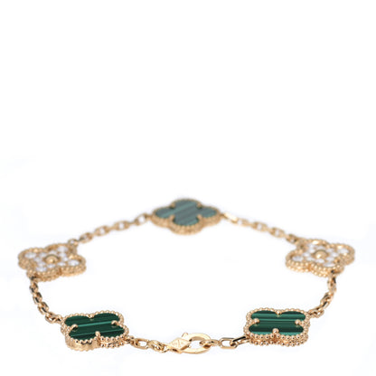 Van Cleef & Arpels 18K Yellow Gold Diamond Malachite 5 Motifs Vintage Alhambra Bracelet 2 of 6