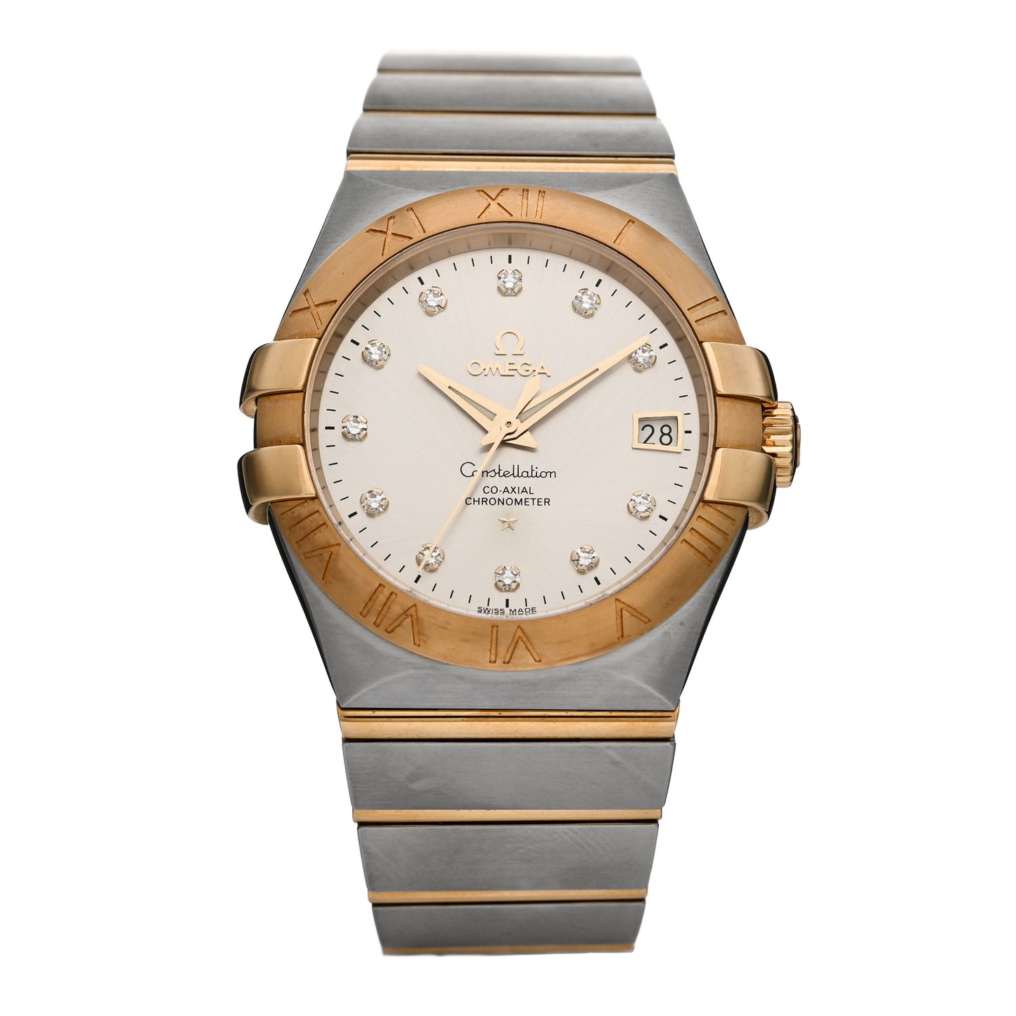 Stainless Steel 18K Yellow Gold Diamond 35mm Constellation Co-Axial Automatic Watch Silver 123.20.35.20.52.002