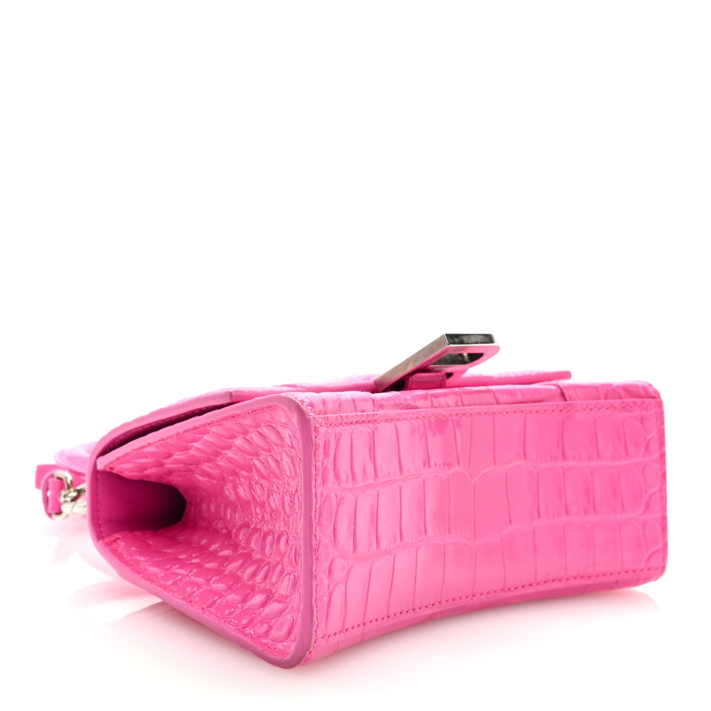 Shiny Calfskin Crocodile Embossed Hourglass Top Handle Bag XS Neon Pink