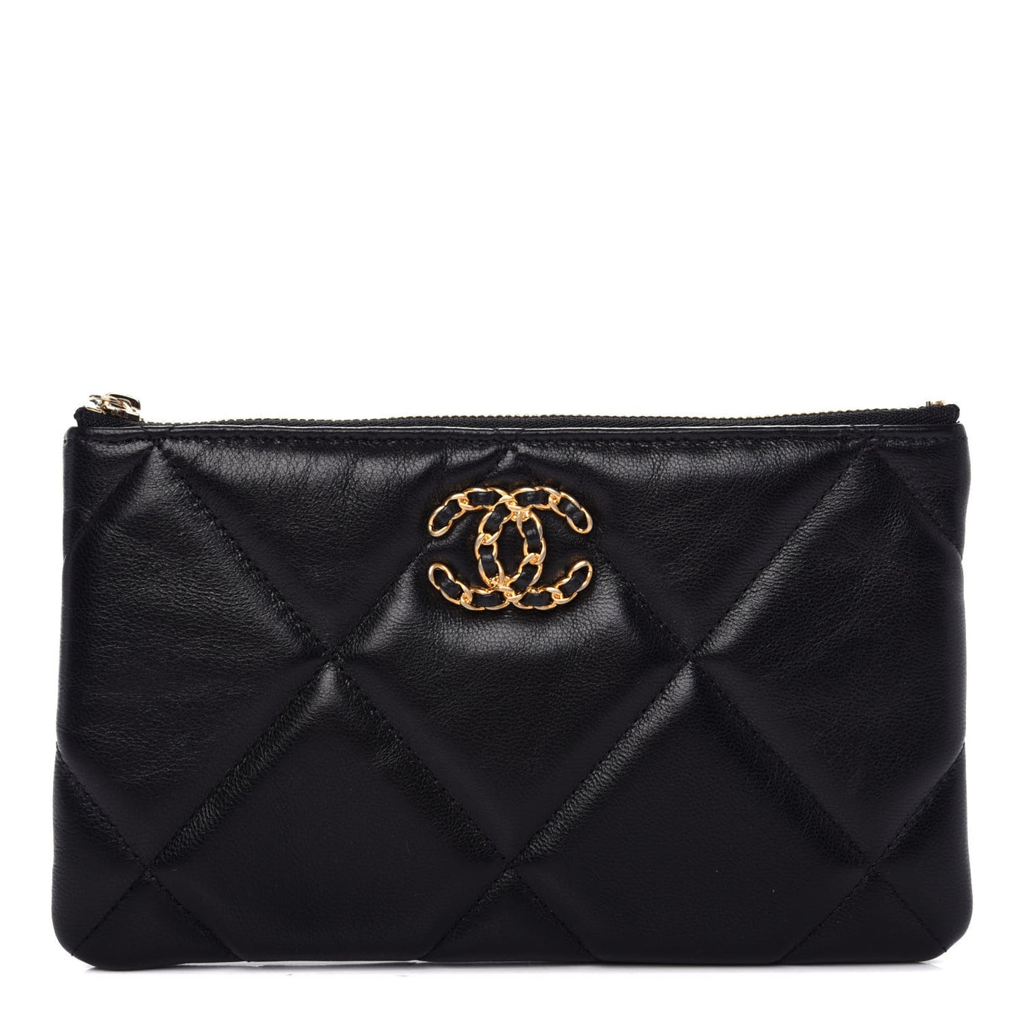 Shiny Goatskin Quilted Small Chanel 19 Pouch Black