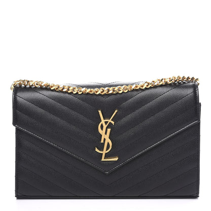 Saint Laurent Grain De Poudre Matelasse Chevron Monogram Chain Wallet Black 1 of 13