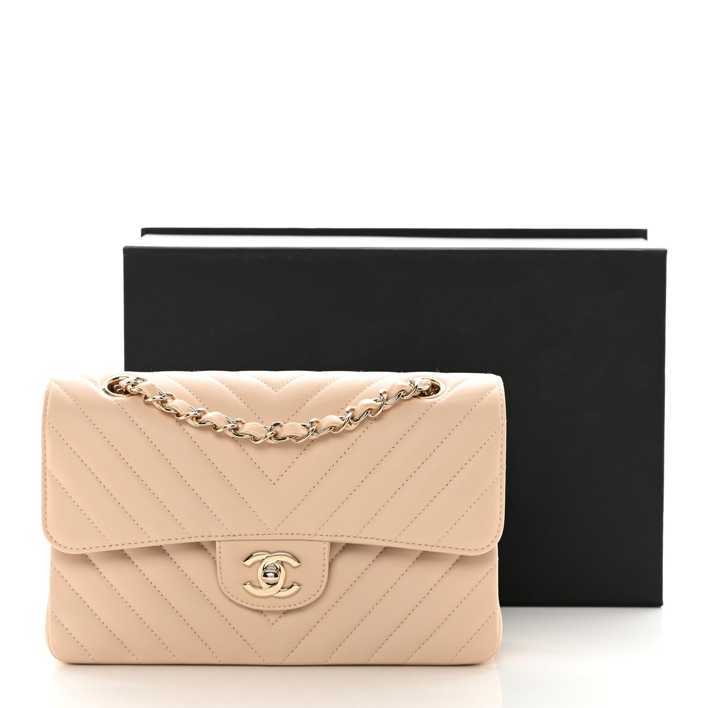 Caviar Chevron Quilted Small Double Flap Beige
