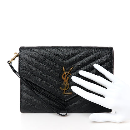 Saint Laurent Grain De Poudre Matelasse Chevron Monogram Envelope Clutch Black 2 of 11