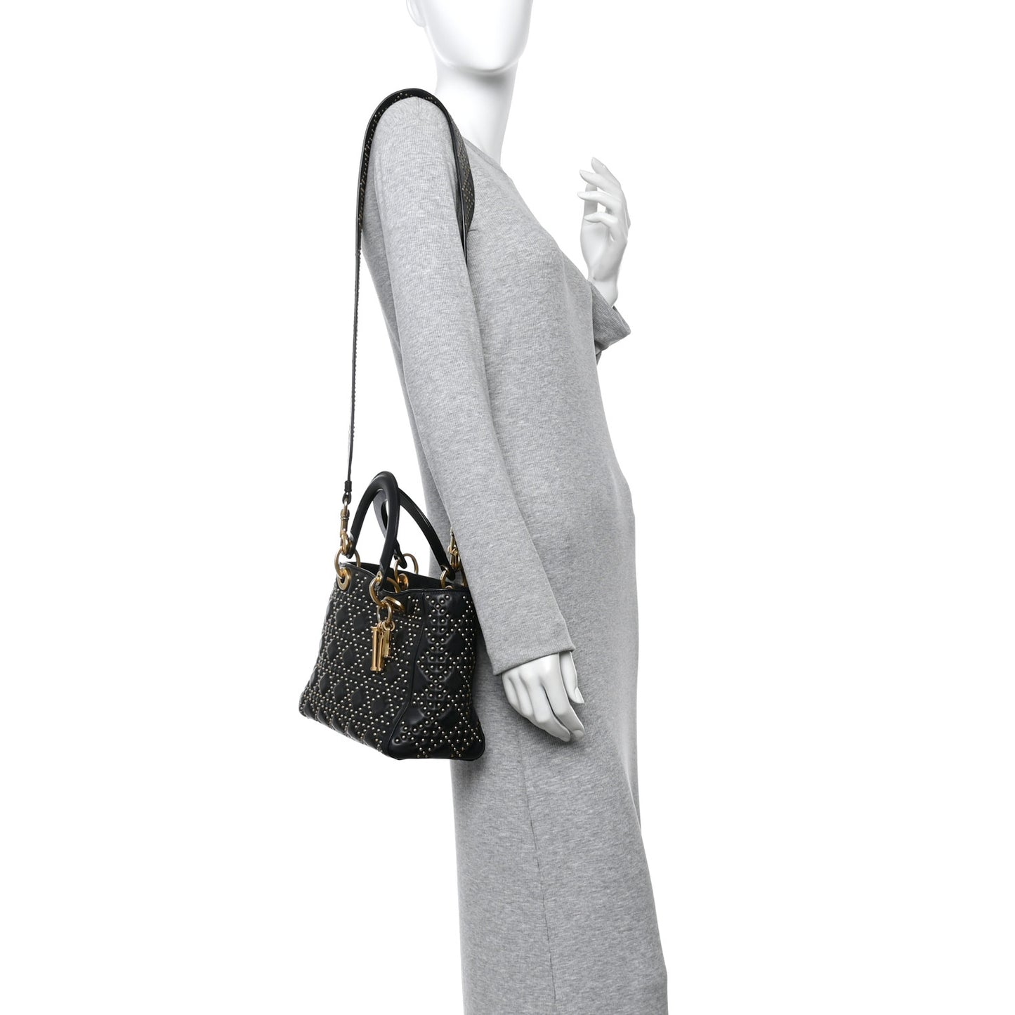 Calfskin Cannage Studded Medium Supple Lady Dior Black