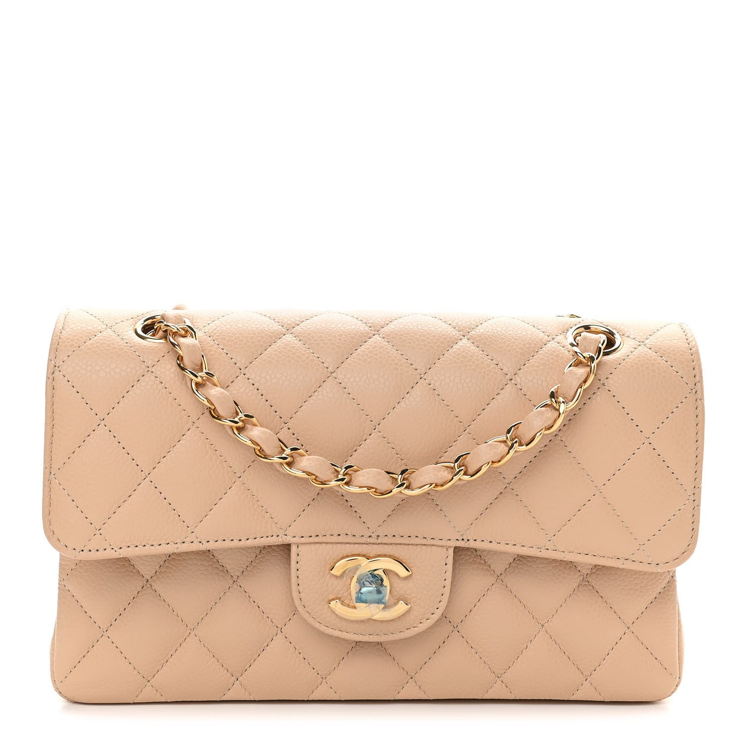 Caviar Quilted Small Double Flap Beige