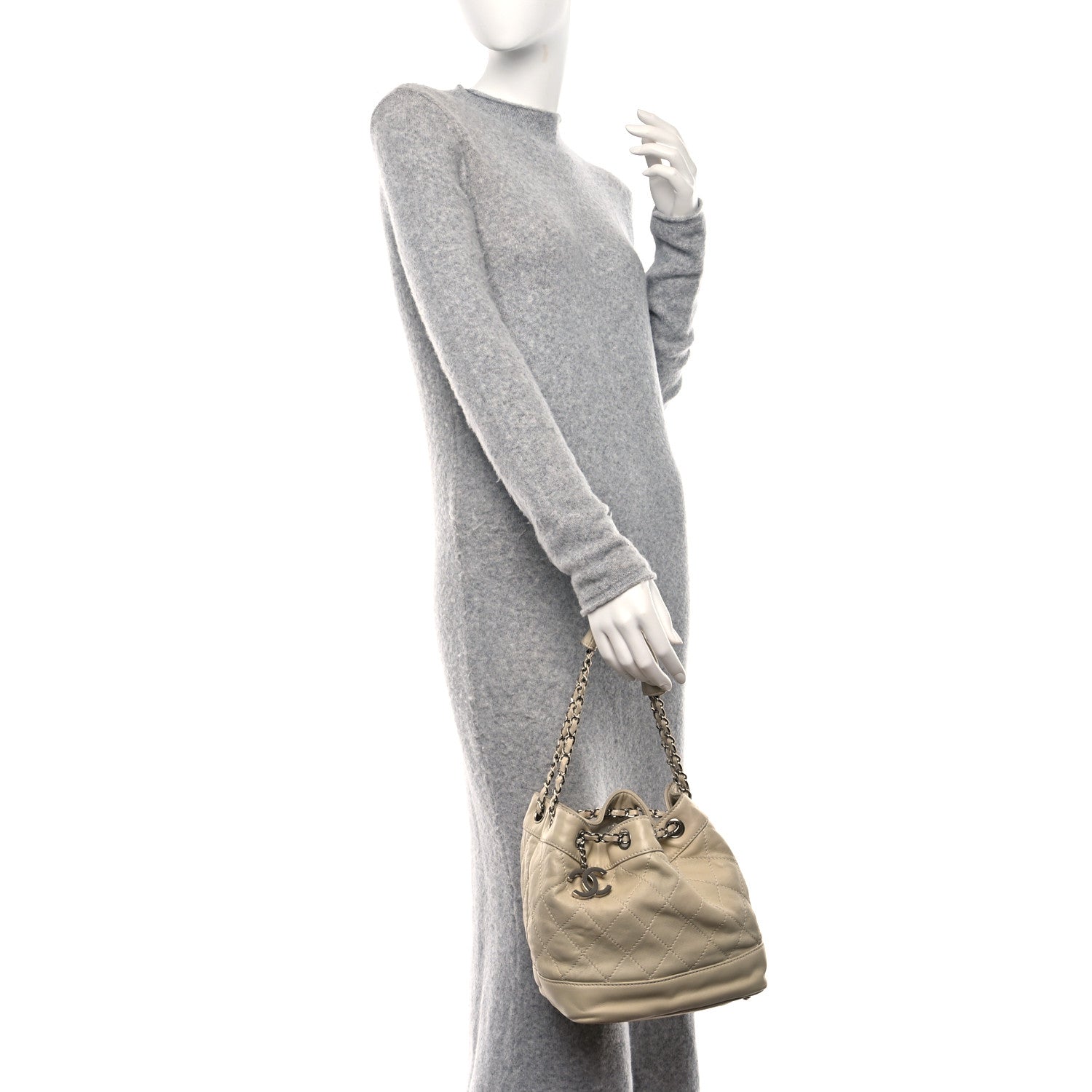 Chanel Lambskin Contrast Stitch Small Drawstring Tote Ivory 2 of 12