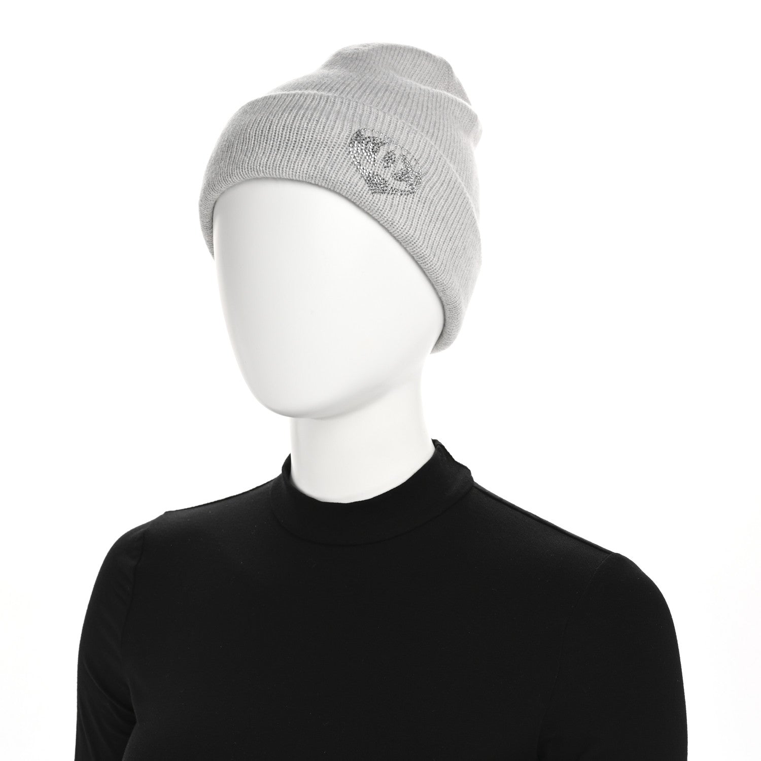Chanel Cashmere Crystal CC Heart Beanie Hat Light Grey 2 of 5