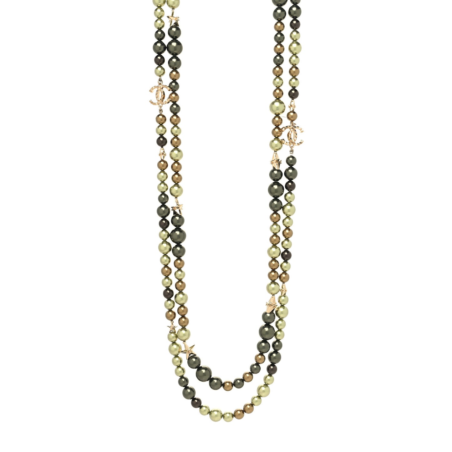 Pearl Star CC Multi Strand Long Necklace Green Gold