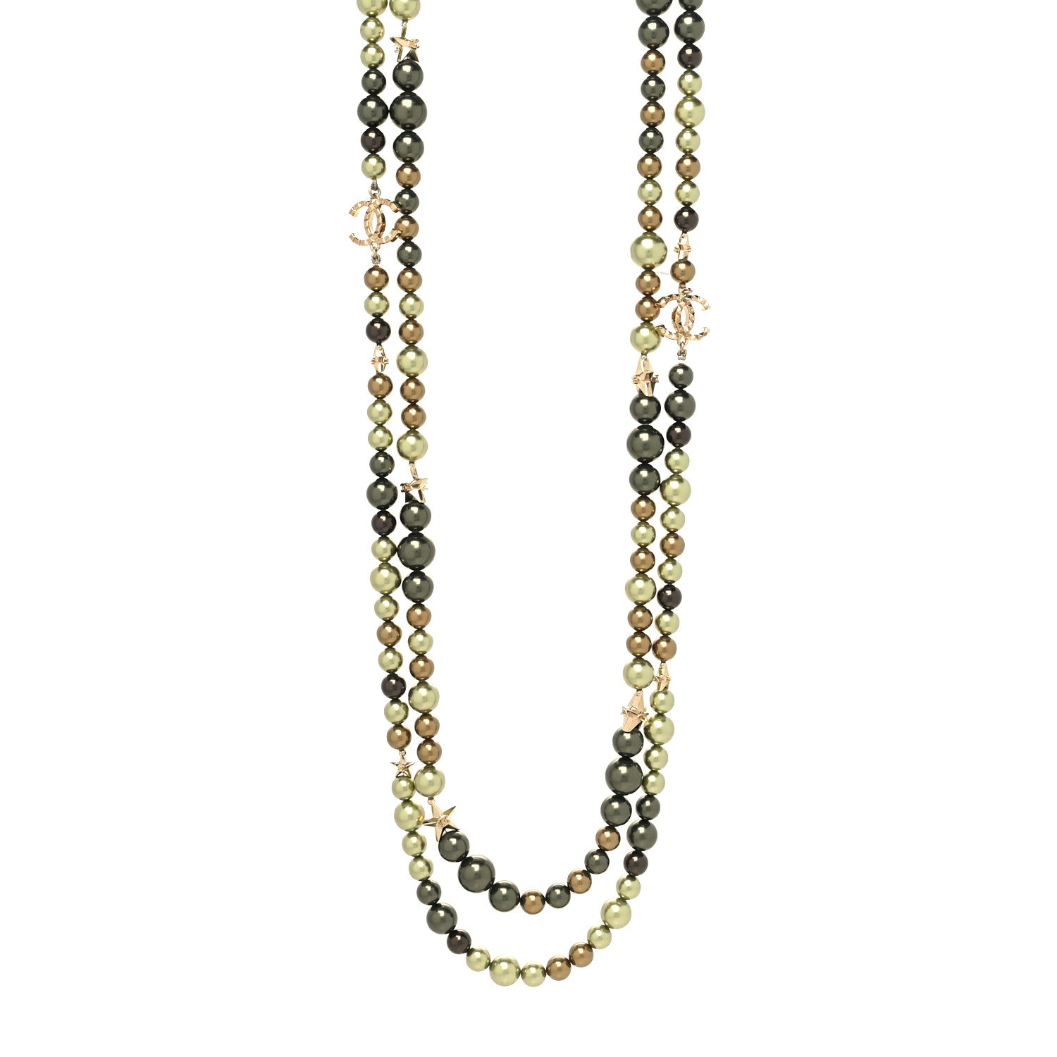 Chanel Pearl Star CC Multi Strand Long Necklace Green Gold 1 of 5
