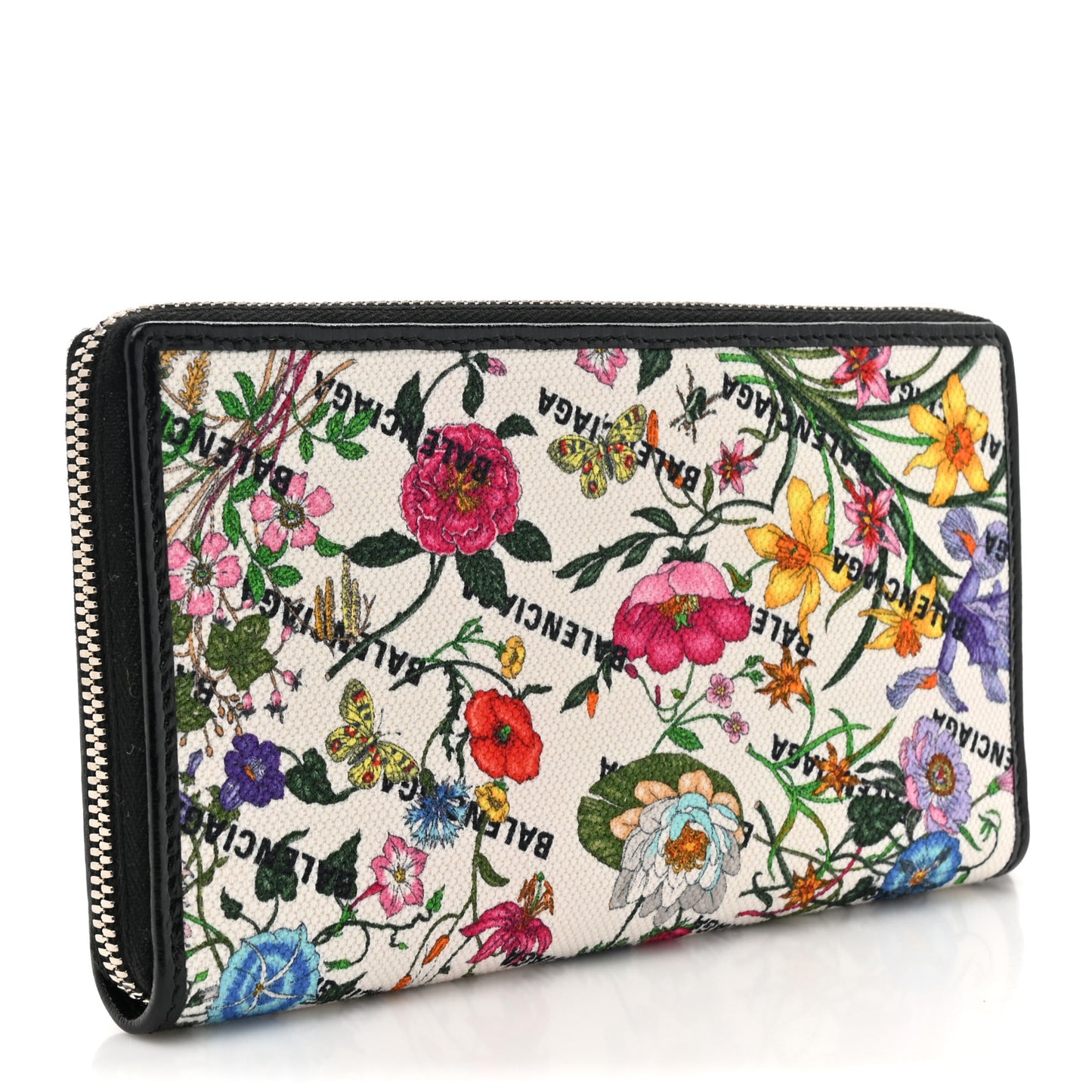 X GUCCI Canvas Azalea Calfskin Flora Logo Print Zip Around Wallet White Multicolor Black