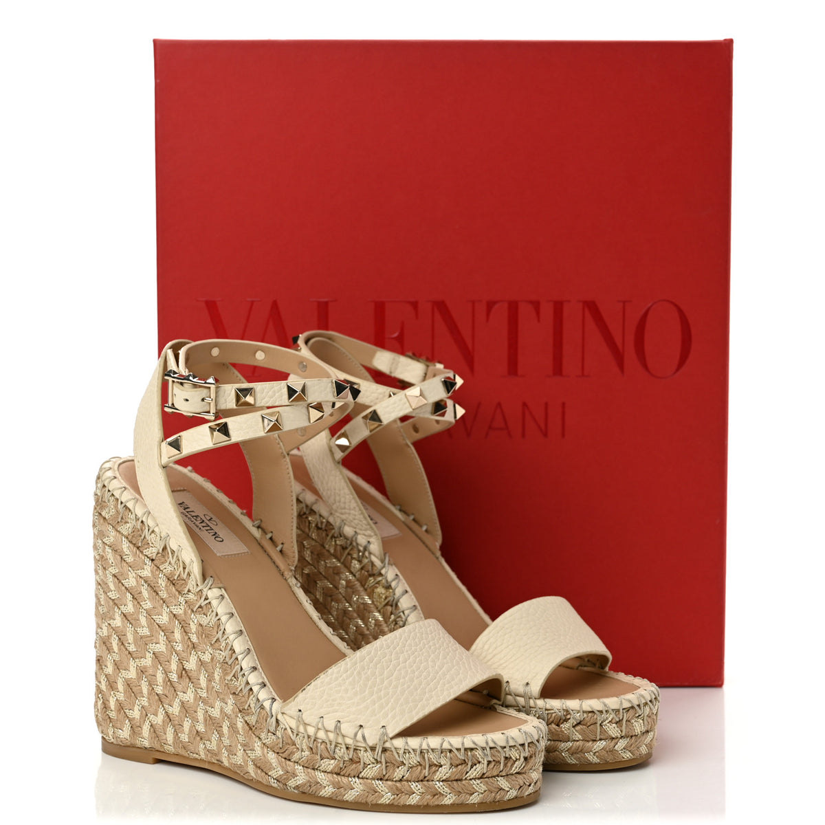 Grained Calfskin Rockstud Ankle Strap Espadrille 15/105mm Wedge Sandals 36 Light Ivory Natural