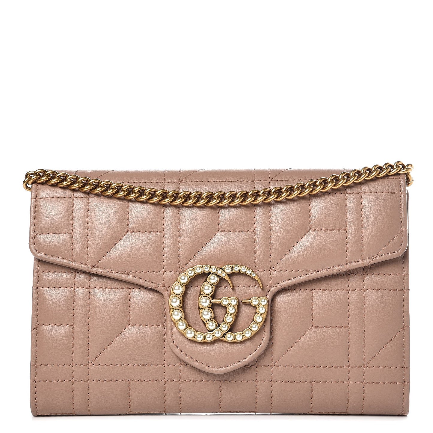 Calfskin Matelasse Mini Pearly GG Marmont Chain Wallet Porcelain Rose