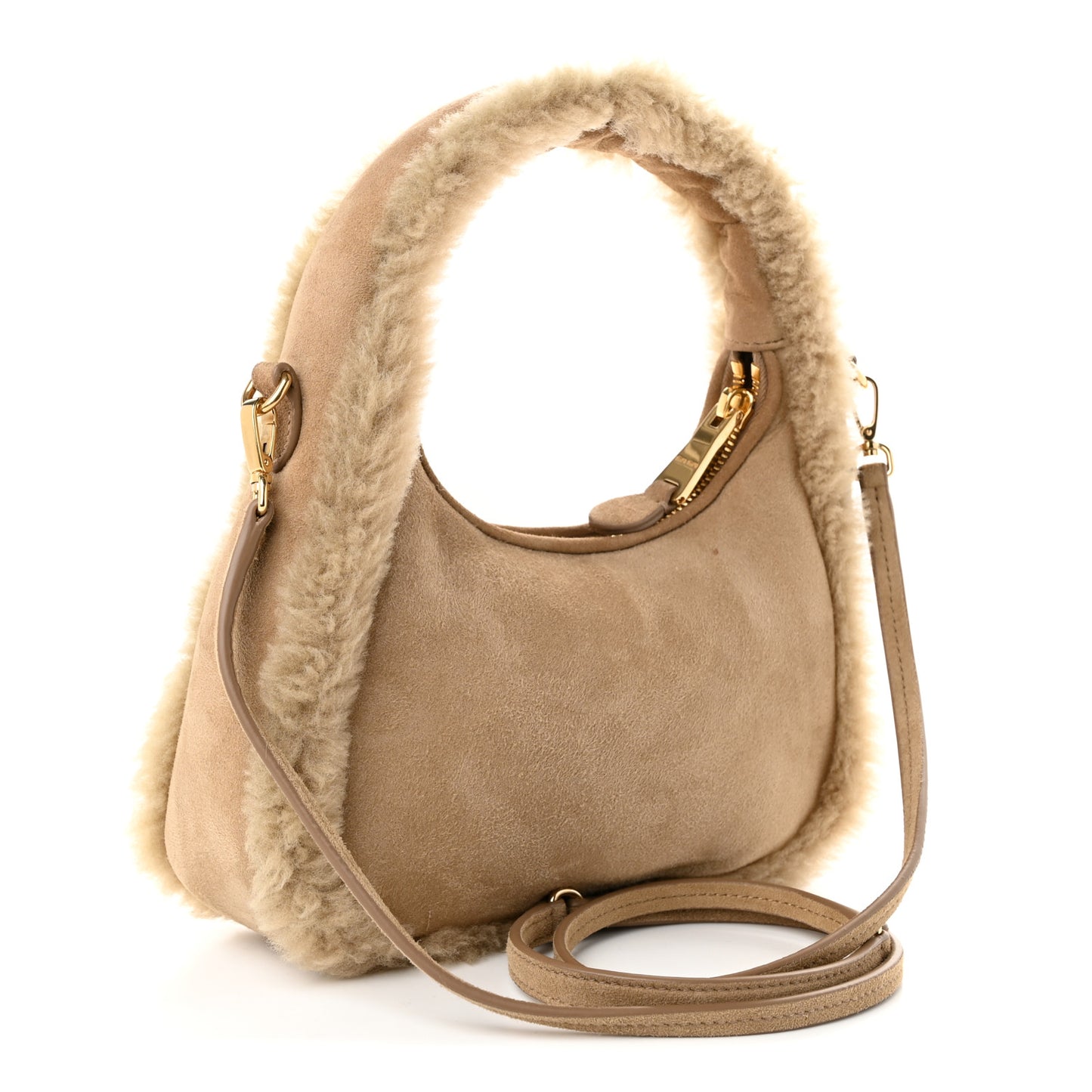 Suede Shearling Mini Wander Hobo Sabbia