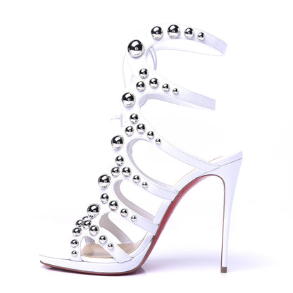 Christian Louboutin Kid Amazoubille 120 Studded Gladiator Sandals 37.5 Latte Silver 1 of 18