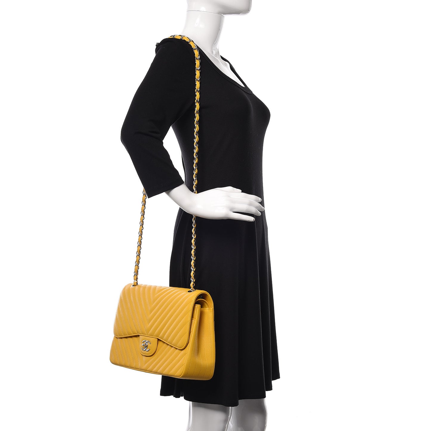 Caviar Chevron Quilted Jumbo Double Flap Yellow