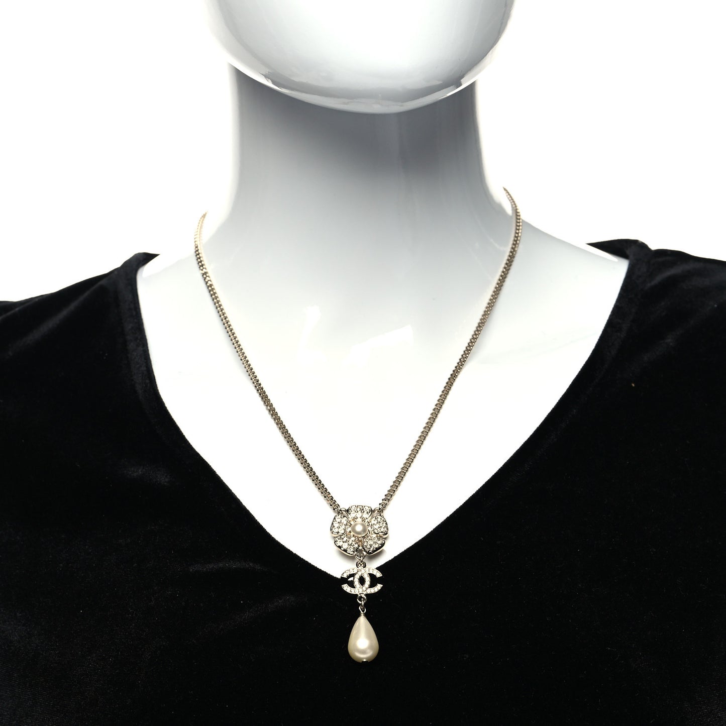Crystal Pearl CC Flower Drop Necklace Gold