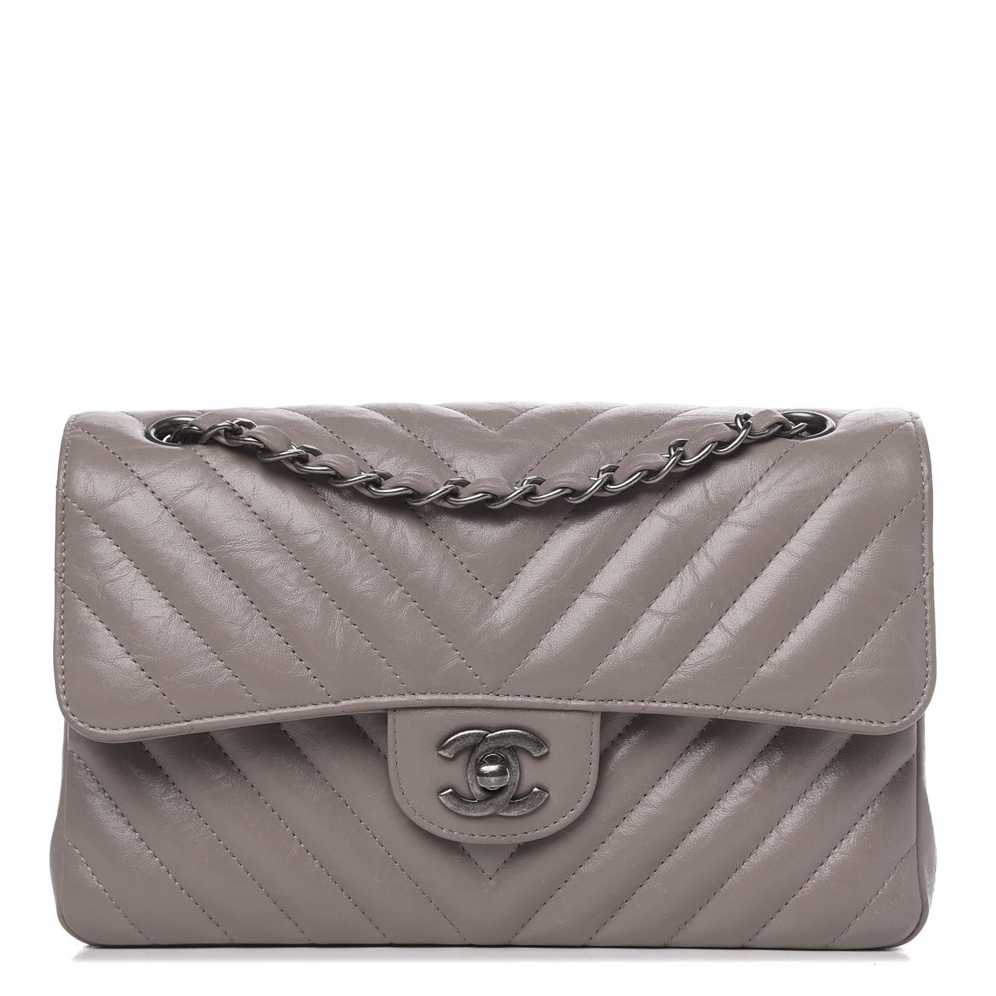 Aged Calfskin Chevron Quilted Small Double Flap Grey