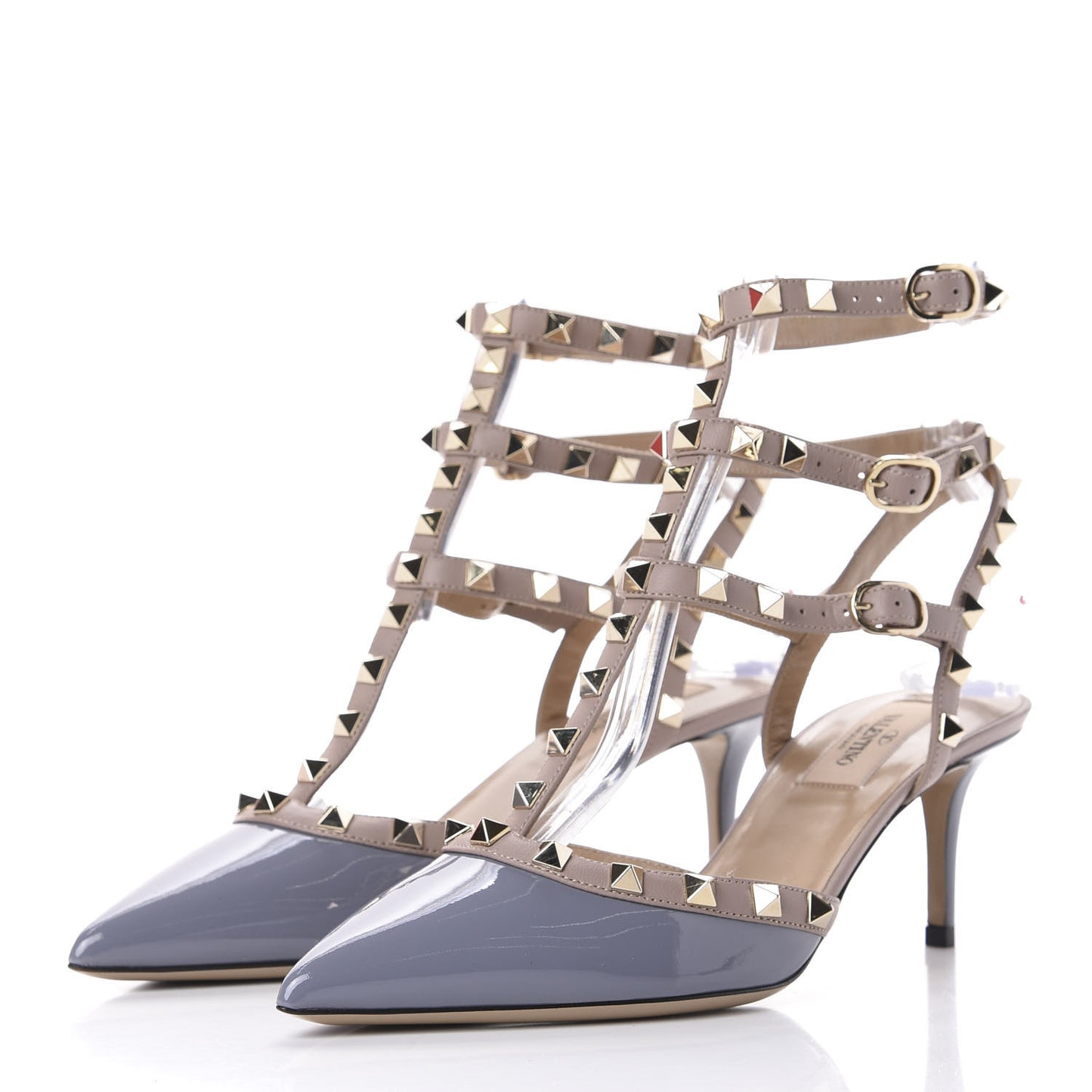 Patent Rockstud Ankle Strap Low Heel Pumps 37.5 Grey Poudre