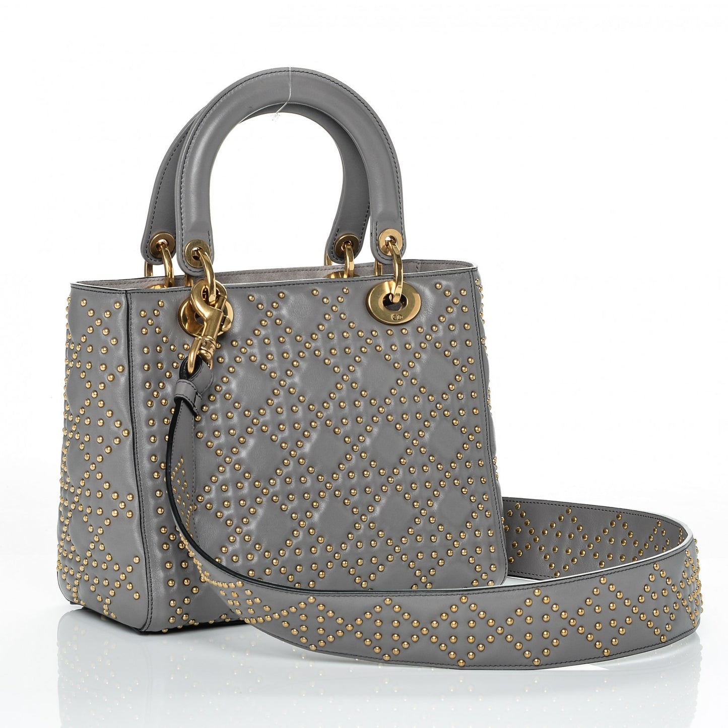 Calfskin Cannage Studded Medium Supple Lady Dior Grey