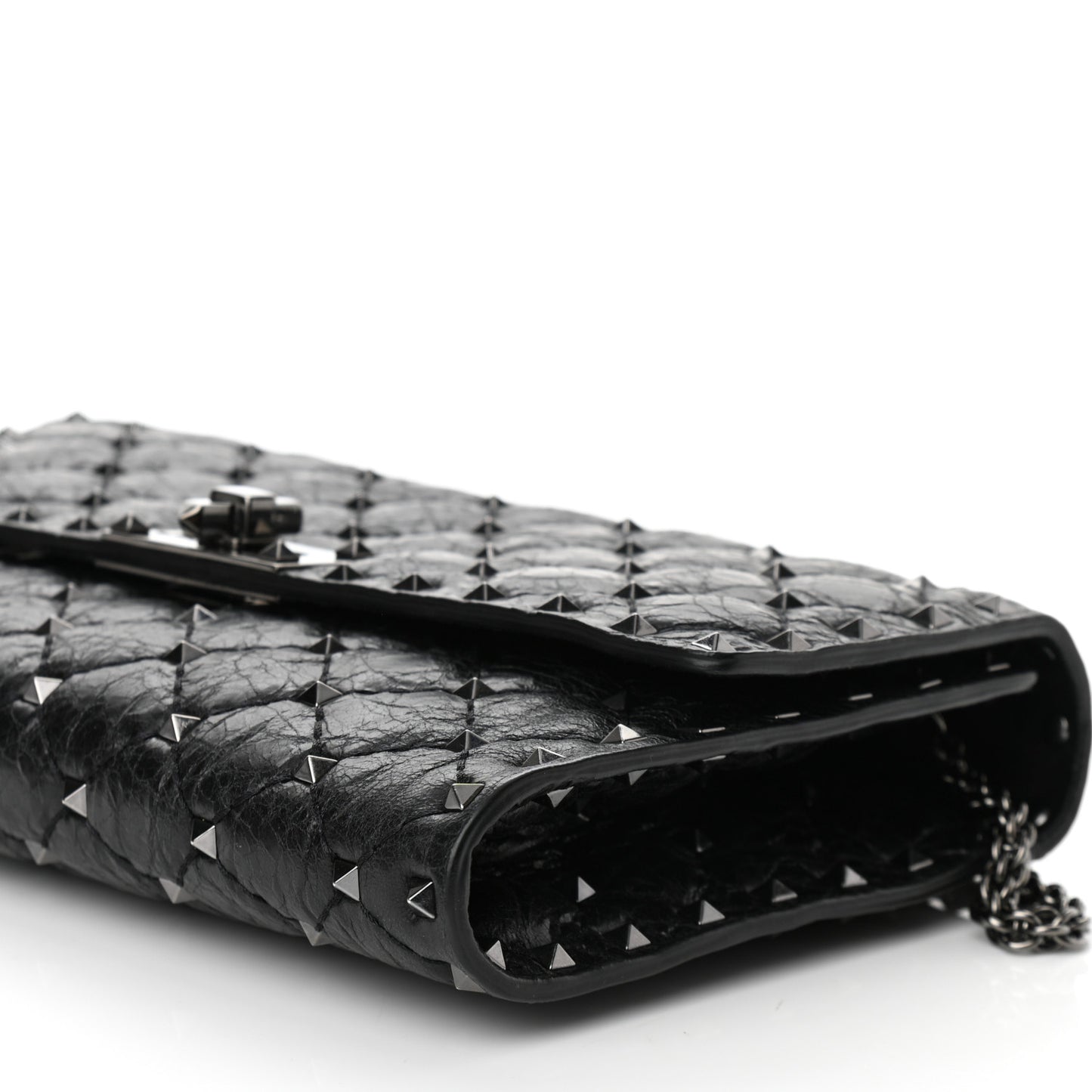 Craquele Nappa Rockstud Spike Wallet on Chain Black
