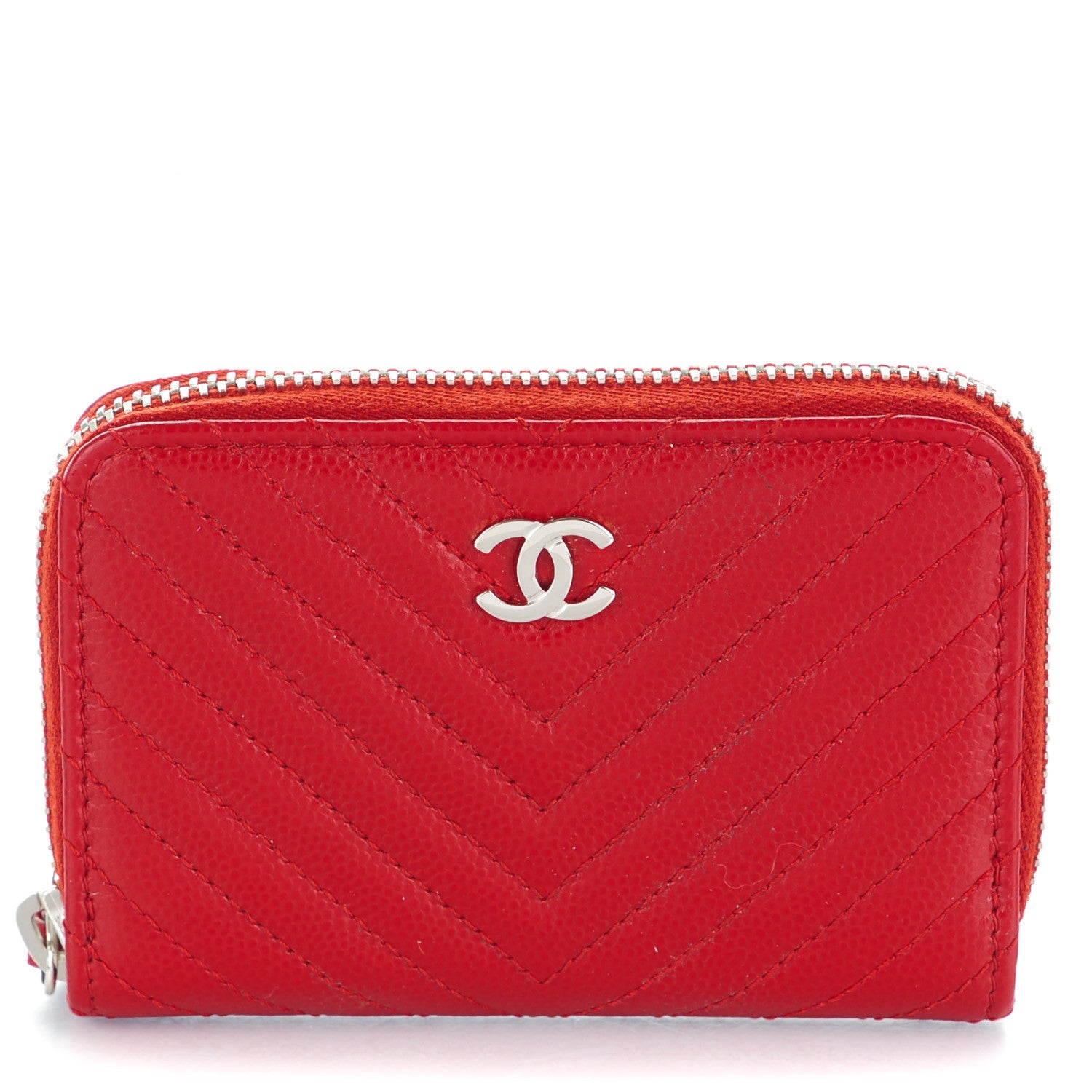 Chanel Caviar Chevron Quilted Zip Around Coin Purse Red 1 of 7