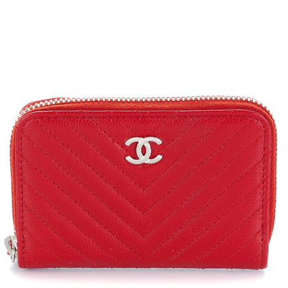 Chanel Caviar Chevron Quilted Zip Around Coin Purse Red 1 of 7