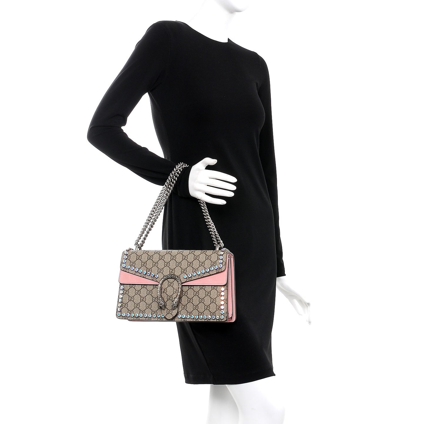GG Supreme Monogram Suede Crystal Small Dionysus Shoulder Bag Beige Ebony Light Peonia