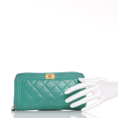 Chanel Lambskin Quilted Boy Zip Around Wallet Green 2 of 18