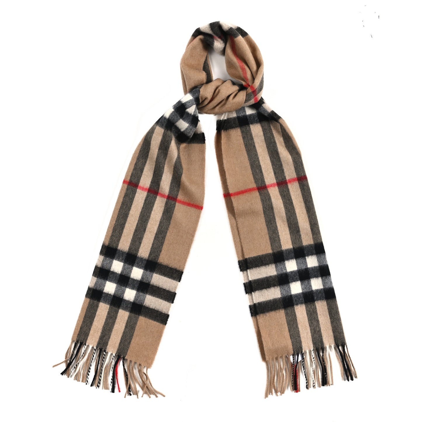 Cashmere Giant Check Fringe Scarf Camel