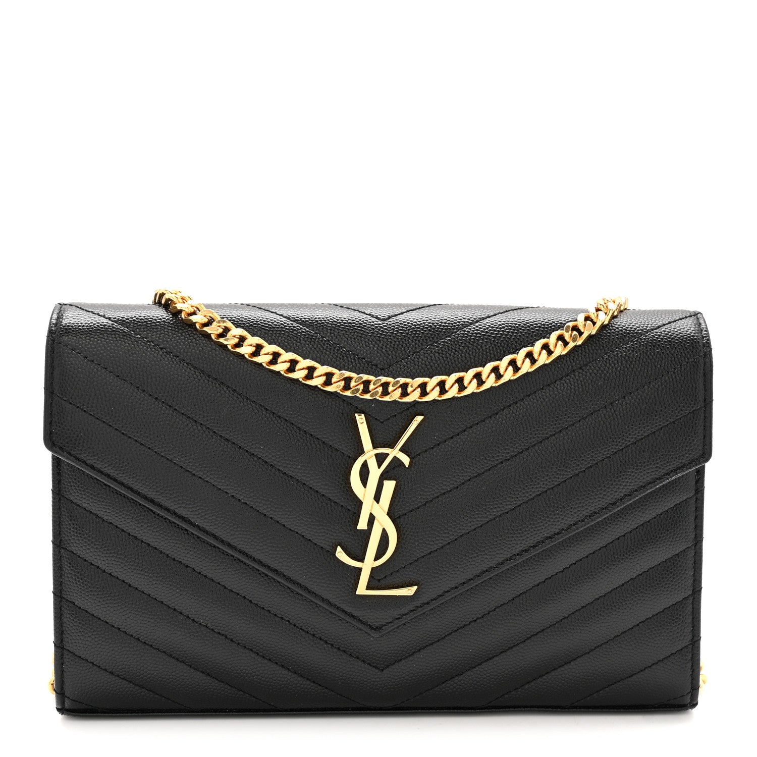 Saint Laurent Grain De Poudre Matelasse Chevron Monogram Chain Wallet Black 1 of 11