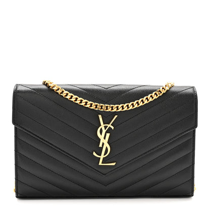 Saint Laurent Grain De Poudre Matelasse Chevron Monogram Chain Wallet Black 1 of 11
