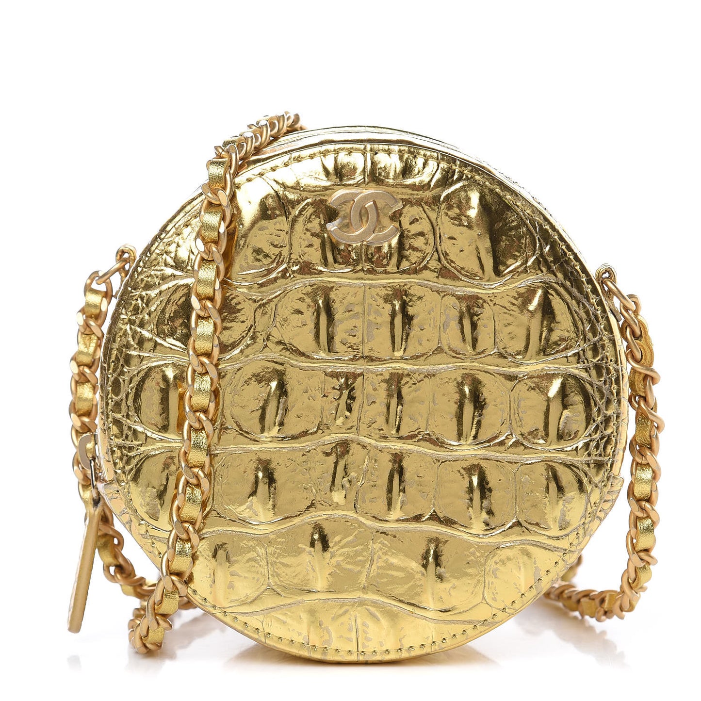 Metallic Calfskin Crocodile Embossed Cocodile Round Clutch with Chain Gold