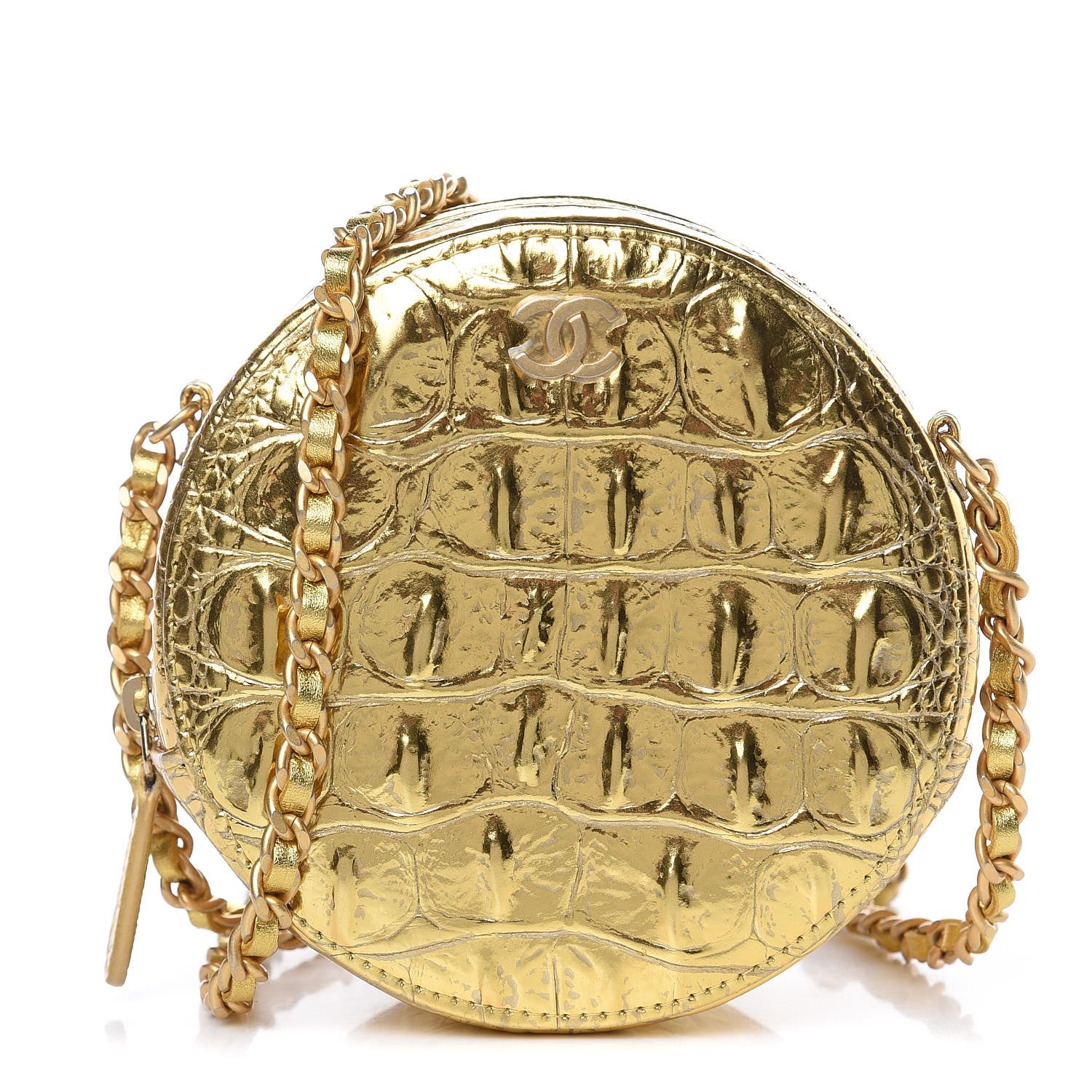 Chanel Metallic Calfskin Crocodile Embossed Cocodile Round Clutch with Chain Gold 1 of 9
