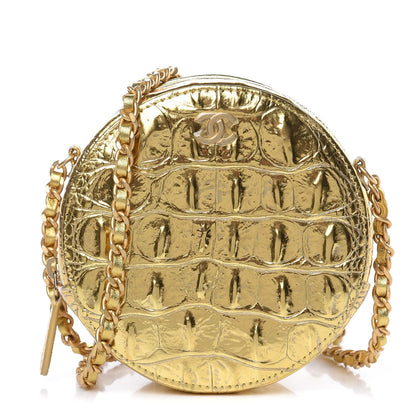 Chanel Metallic Calfskin Crocodile Embossed Cocodile Round Clutch with Chain Gold 1 of 9