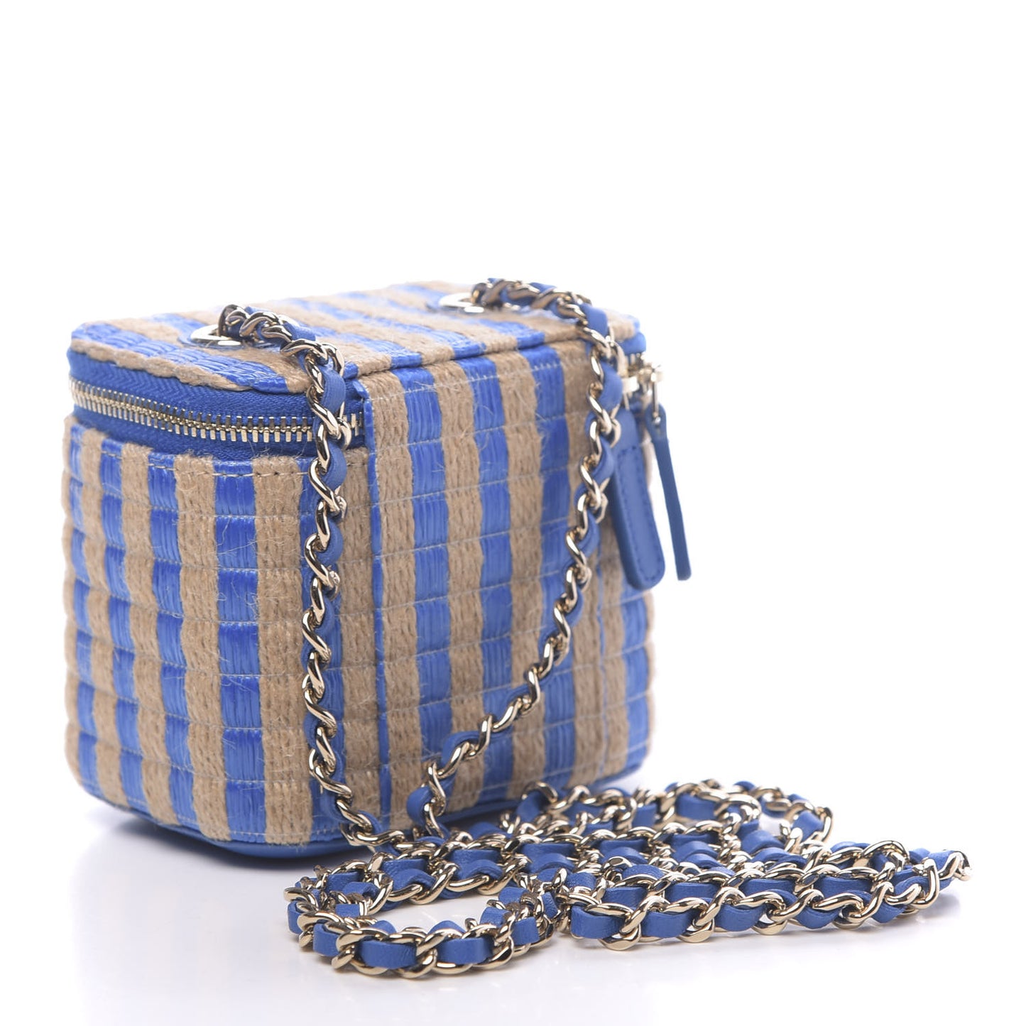 Raffia Jute Striped Mini Vanity Case With Chain Blue Beige