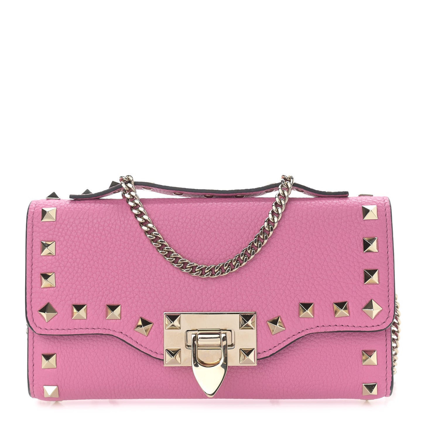 Pebbled Calfskin Rockstud Flip Lock Wallet On Chain Dawn Pink