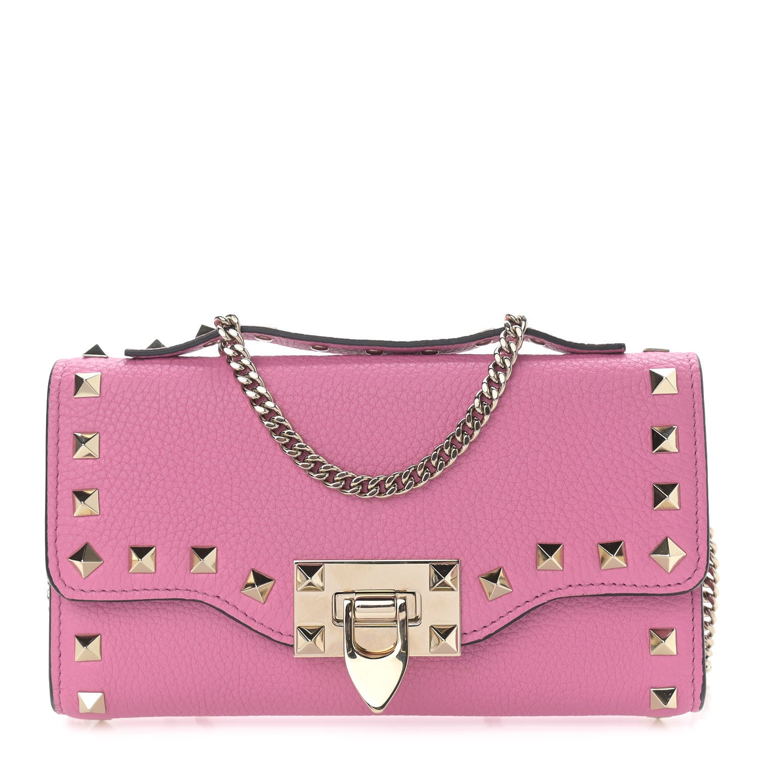 Valentino Garavani Pebbled Calfskin Rockstud Flip Lock Wallet On Chain Dawn Pink 1 of 9