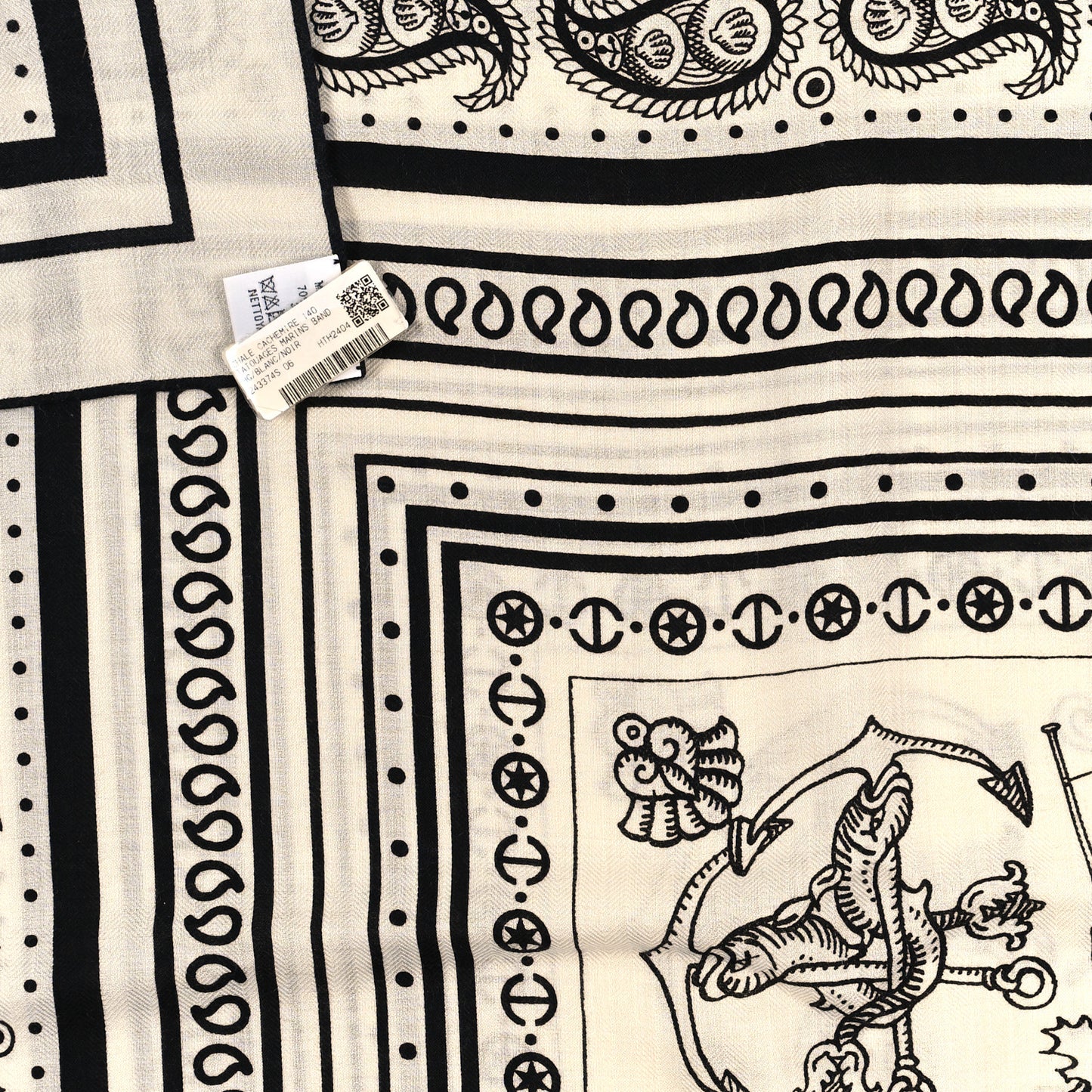 Cashmere Silk Tatouages Marins Bandana Shawl 140 White Black