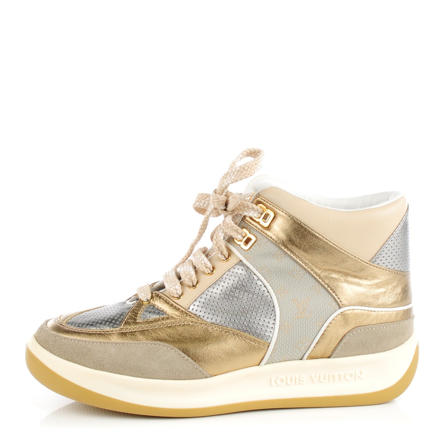 Metallic Calfskin Perforated High Top Sneakers 37.5 Gold Silver